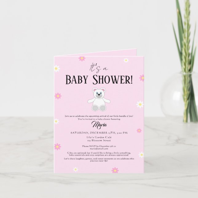 Sweet Pink Teddy Bear Baby Shower Invitation (Front)