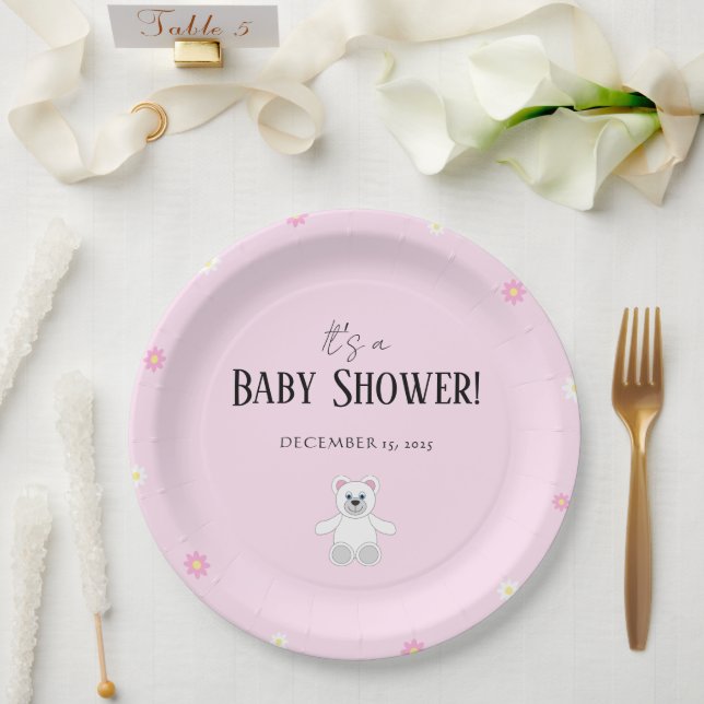 Sweet Pink Teddy Bear Baby Shower Party Paper Plates (Wedding)
