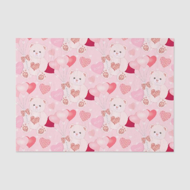 Sweet Pink Teddy Bear Heart Balloon Valentines Day Tissue Paper (Front)