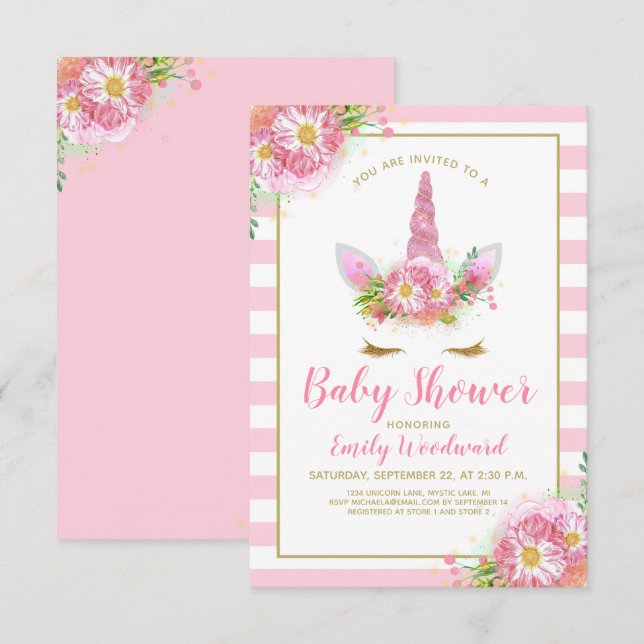 Sweet Pink Unicorn Face Baby Shower Invitation (Front/Back)