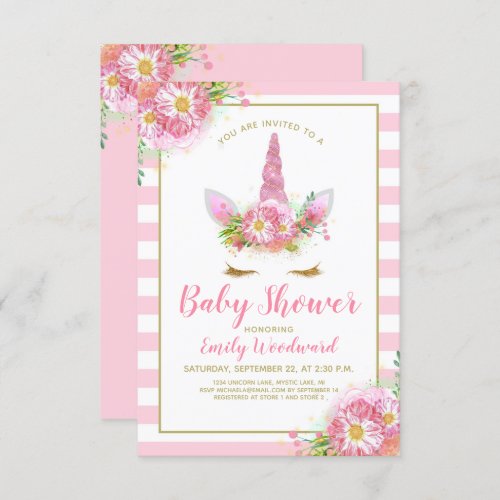 Sweet Pink Unicorn Face Baby Shower Invitation