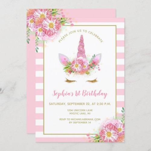 Sweet Pink Unicorn Face Girls Birthday Party Invitation