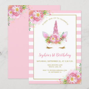Sweet Pink Unicorn Face Girl's Birthday Party Invitation