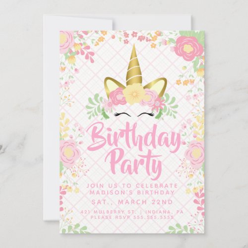 Sweet Pink Unicorn Floral Birthday Invitation