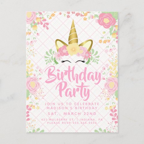 Sweet Pink Unicorn Floral Birthday Invitation Postcard