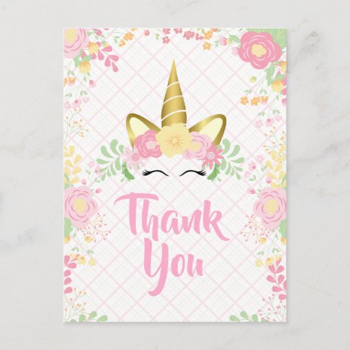 Sweet Pink Unicorn Floral Birthday  Thank You Invitation Postcard
