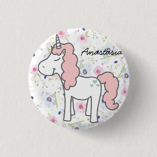 Sweet Pink Unicorn, Flowers and your name Button