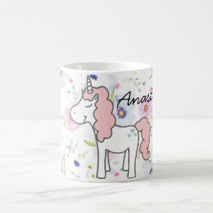 Sweet Pink Unicorn, Flowers and your name Coffee Mug