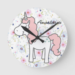 Sweet Pink Unicorn, Flowers and your name Round Clock