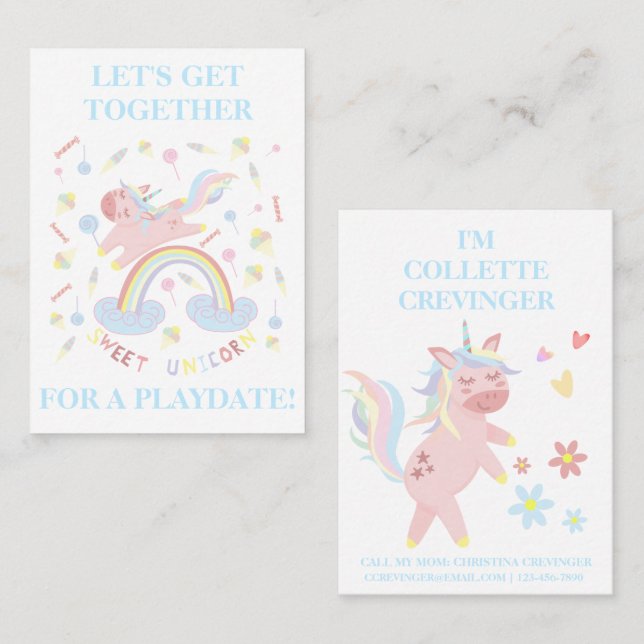 Sweet Pink Unicorn Playdate Mommy Calling Card (Front/Back)