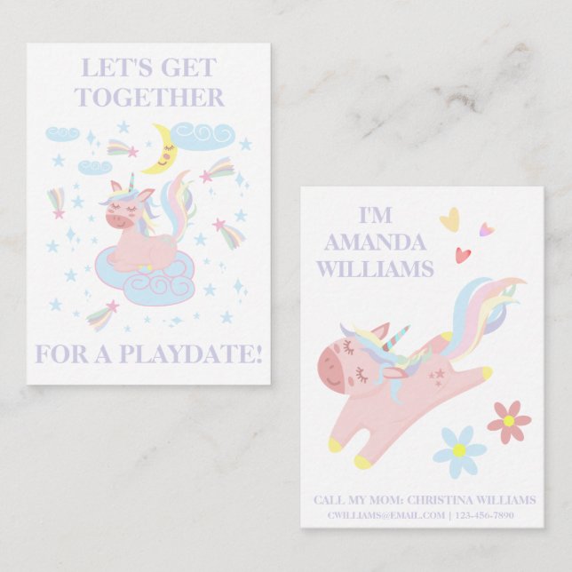 Sweet Pink Unicorn Playdate Mommy Calling Card (Front/Back)