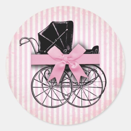 Sweet Pink Vintage Baby Carriage Pram and Bow Classic Round Sticker