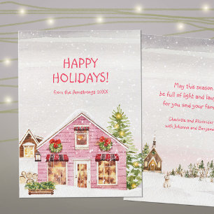 Sweet Pink Watercolor Cabin Winter Holiday Card