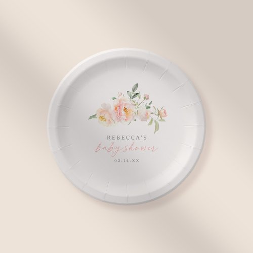 Sweet Pink Watercolor Flowers Girl Baby Shower Paper Plates