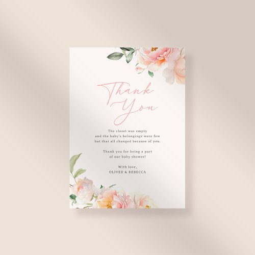 Sweet Pink Watercolor Flowers Girl Baby Shower Thank You Card