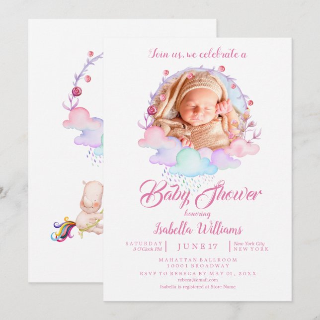 Sweet Pink Watercolor Girl Photo Baby Shower Invitation (Front/Back)