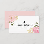 Sweet Pink Watercolor Peonies Floral Monogram Business Card (Front/Back)