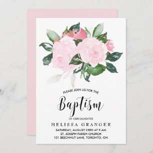 Sweet Pink Watercolor Roses Baptism Invitation