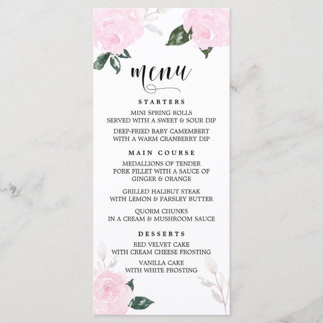 Sweet Pink Watercolor Roses Menu Card II (Front)