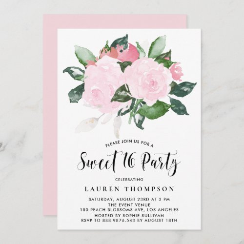 Sweet Pink Watercolor Roses Sweet Sixteen Party Invitation