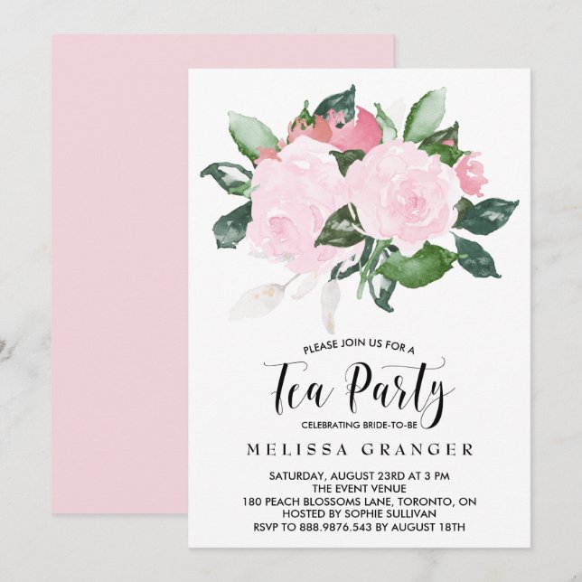 Sweet Pink Watercolor Roses Tea Party Invitation (Front/Back)