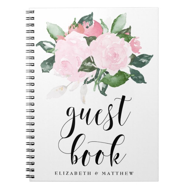 Sweet Pink Watercolor Roses Wedding Guest Book (Front)