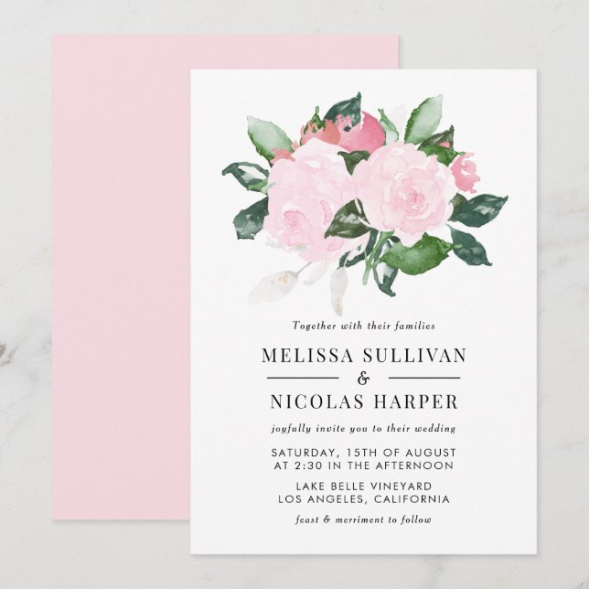 Sweet Pink Watercolor Roses Wedding Invitation (Front/Back)