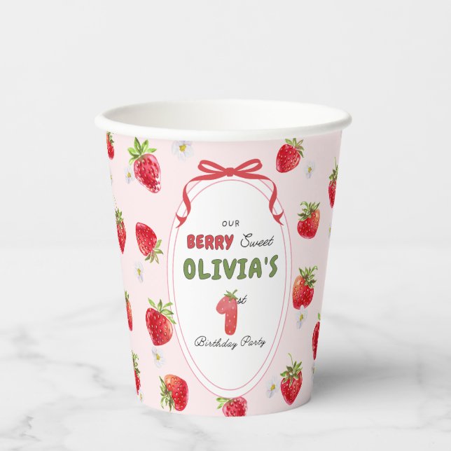 Sweet Pink Watercolor Strawberry First Birthday Paper Cups (Front)