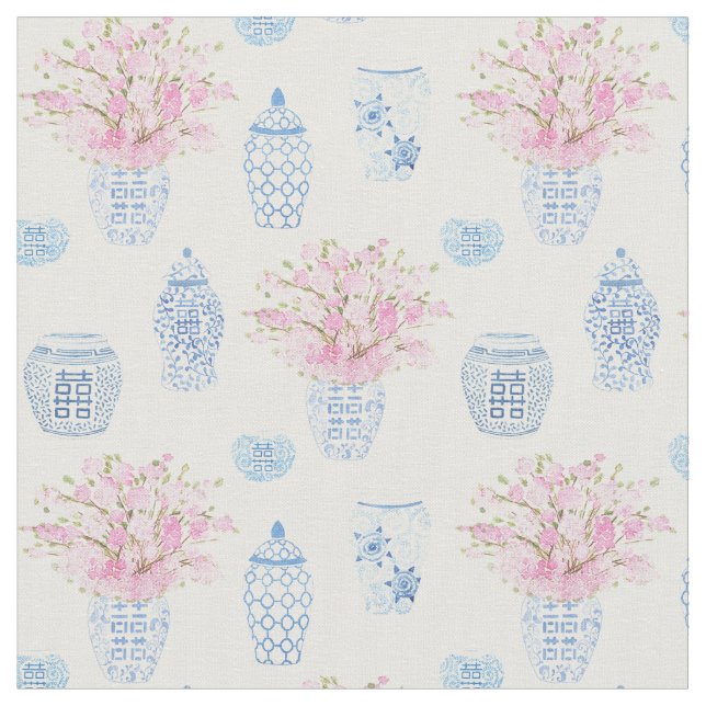 Sweet Pink White And Blue Ginger Jars Nursery Fabric (Close Up)