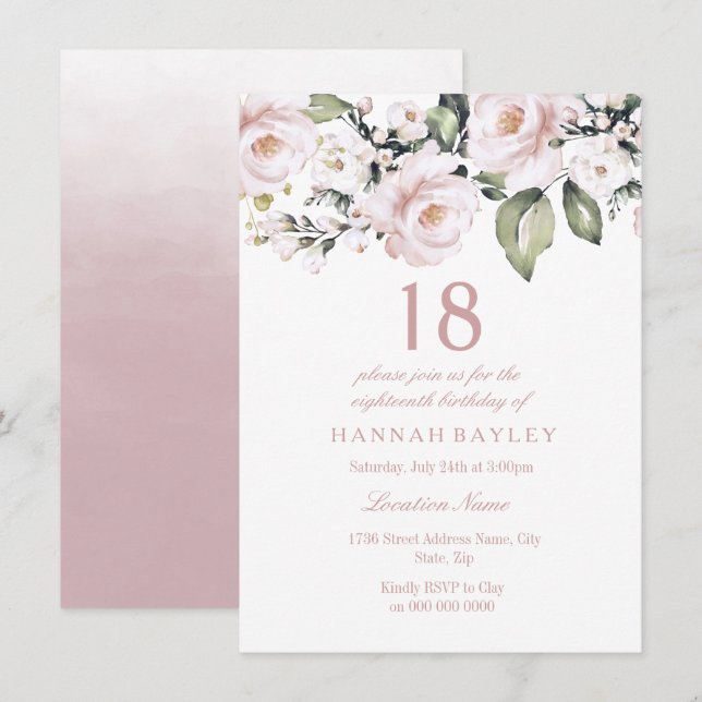 Sweet Pink White Roses Eighteenth 18th Birthday Invitation (Front/Back)