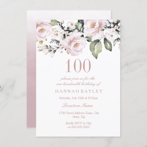 Sweet Pink White Roses Modern 100th Birthday Invitation