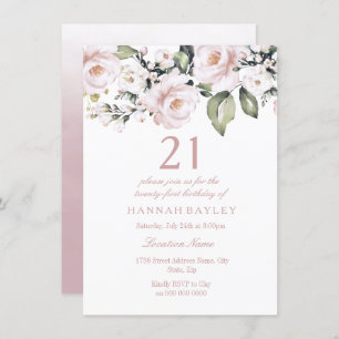 Sweet Pink White Roses Modern 21st Birthday Invitation