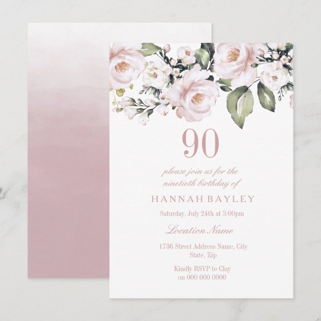 Sweet Pink White Roses Modern Ninetieth Birthday Invitation (Front/Back)