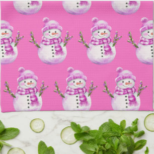 Sweet Pink White Snowman Christmas Kitchen Towel
