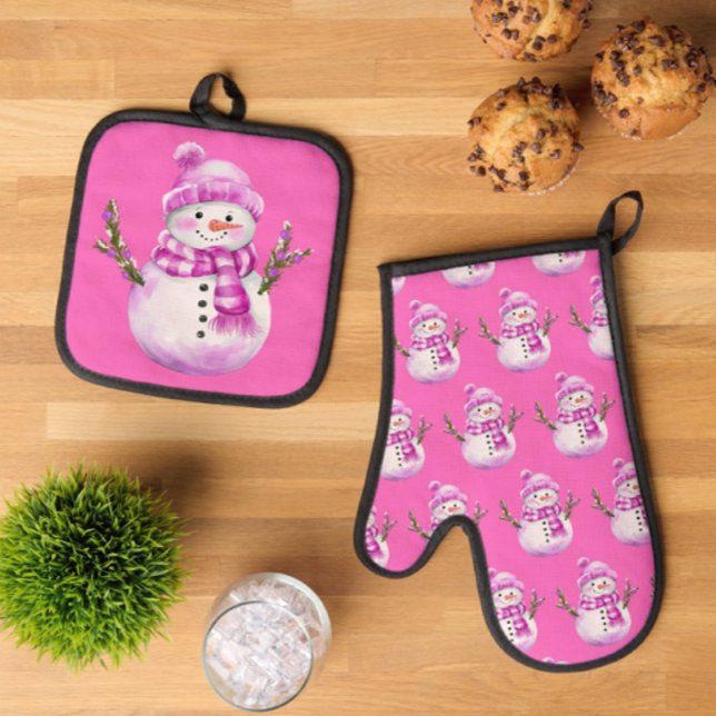 Sweet Pink White Snowman Christmas  Oven Mitt & Pot Holder Set (Happy cookie baking!)