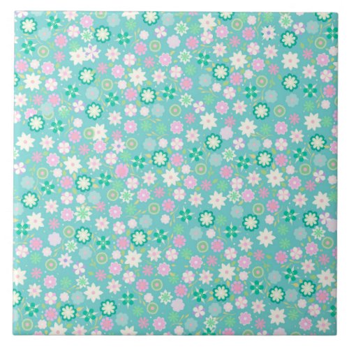 Sweet Pink White Teal Ditsy Floral Pattern Ceramic Tile