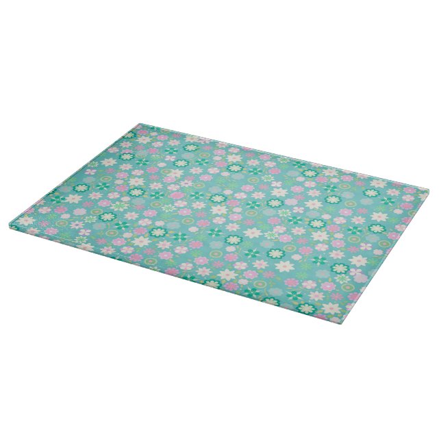 Sweet Pink White Teal Ditsy Floral Pattern Cutting Board (Corner)