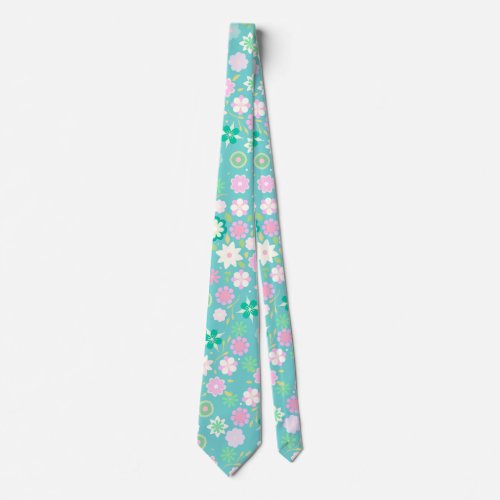 Sweet Pink White Teal Ditsy Floral Pattern Neck Tie