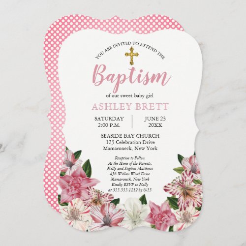 Sweet Pink  White Vintage Floral Baptism Invitation