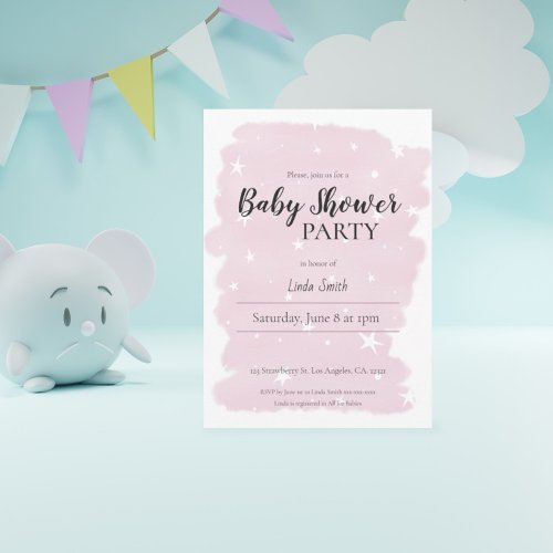 Sweet Pink  White Watercolor Stars Baby Shower Invitation