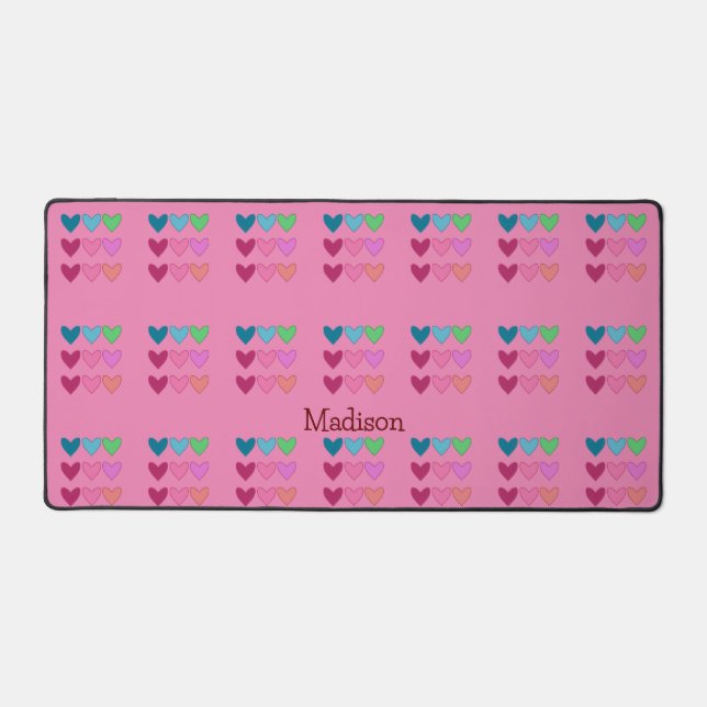 Sweet Pink With Hearts Colorful Girls Desk Mat (Front)