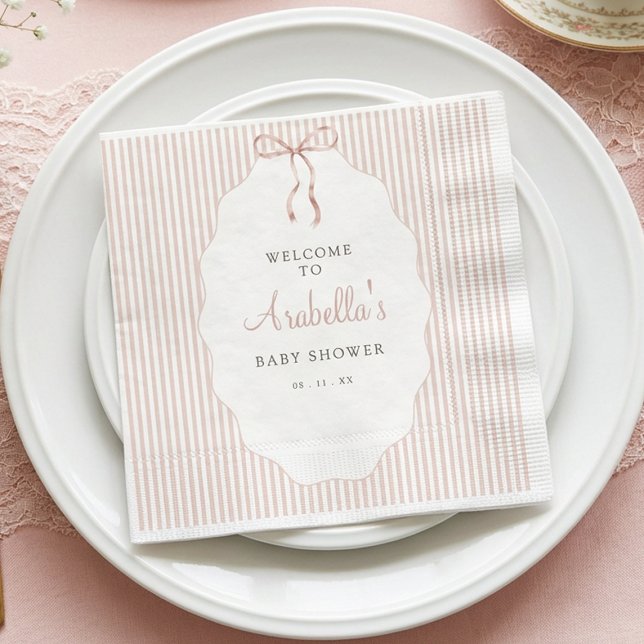 Sweet Pinstriped Beige Bow Baby Shower Napkins (Creator Uploaded)