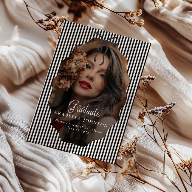 Sweet Pinstriped Black Bow Photo Graduation Announcement (Creator Uploaded)