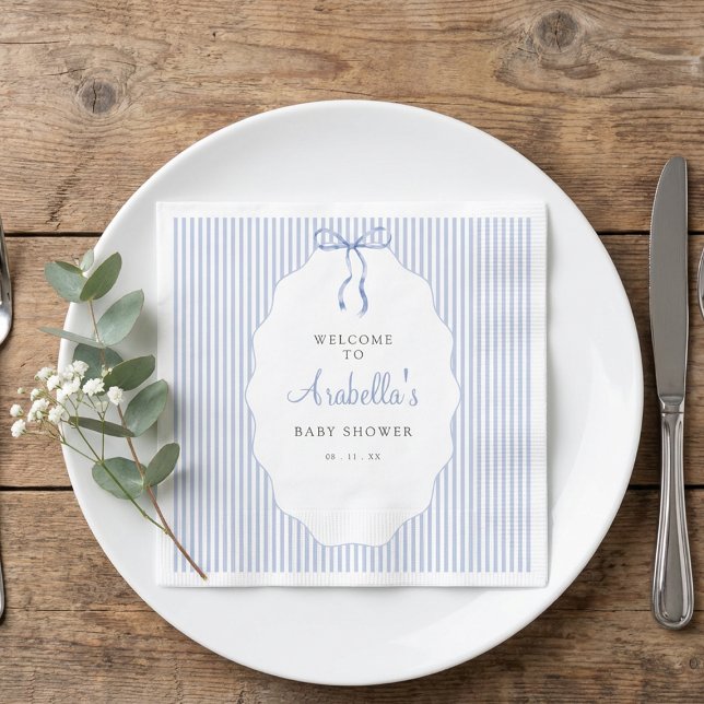 Sweet Pinstriped Blue Bow Baby Shower Napkins (Creator Uploaded)