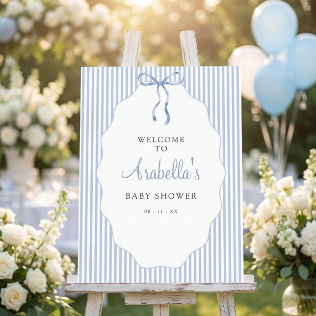 Sweet Pinstriped Blue Bow Baby Shower Welcome Foam Board (Creator Uploaded)