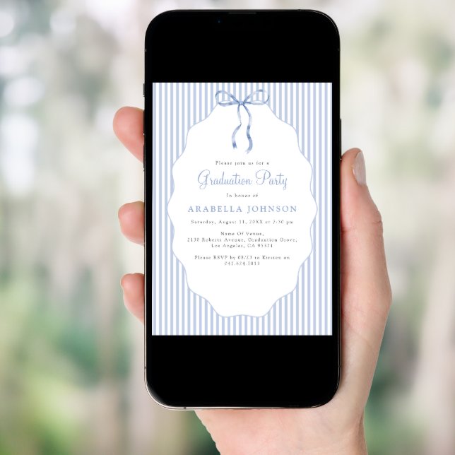 Sweet Pinstriped Blue Bow Graduation Invitation (Front Digital)