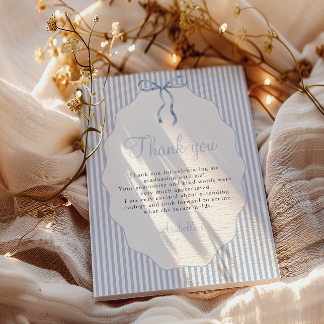 Sweet Pinstriped Blue Bow Graduation Thank You Card (Creator Uploaded)