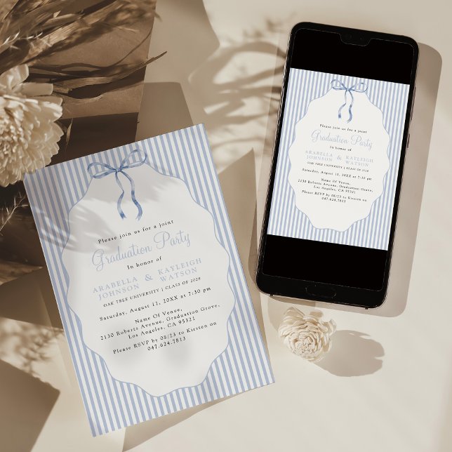 Sweet Pinstriped Blue Bow Joint Graduation Invitation (Creator Uploaded)