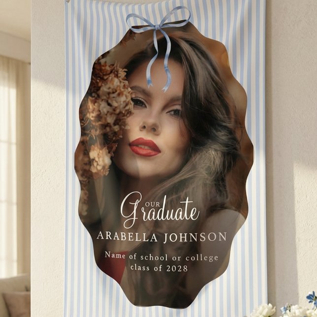 Sweet Pinstriped Blue Bow Photo Graduation Banner (Creator Uploaded)