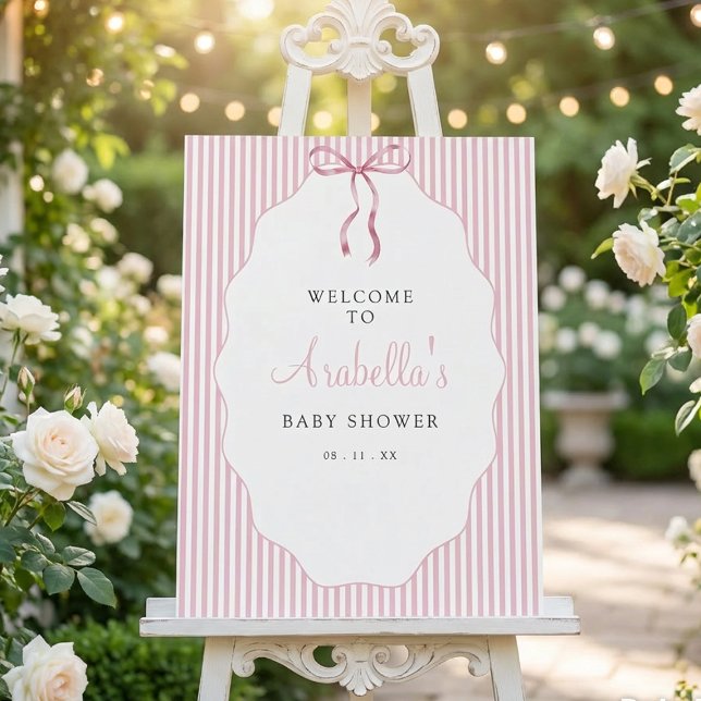 Sweet Pinstriped Pink Bow Baby Shower Welcome Foam Board (Creator Uploaded)